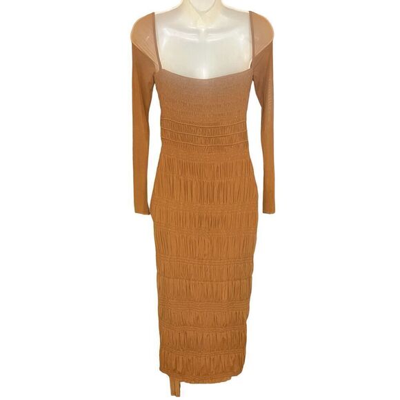 SELF-PORTRAIT Shirred Long Sleeve Midi-Dress in Caramel NWT Size 2 - Picture 8 of 11